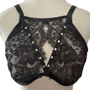 Adore Me Emmeline Gray Lace Studded Harness High Neck Plunge Bralette 40B Bra